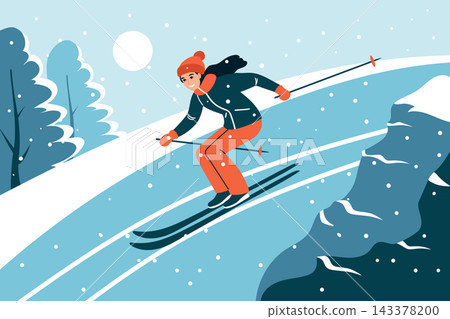 Young woman skier skiing down the mountain in winter. Winter sports illustration. Young woman skier skiing down the mountain in winter. Winter sports illustration. 143378200