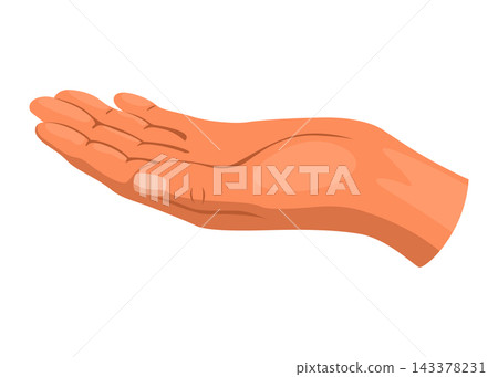 Open palm hand illustration presenting empty space for money or gifts, palm up gesture with outstretched fingers in warm flat peach tones 143378231