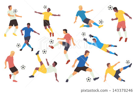Soccer players. Professional sportsmen with ball running, jumping. Vector colorful illustrations isolated on white background 143378246