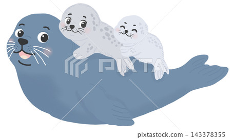 A gentle adult seal carrying two playful baby seals on its back. A gentle adult seal carrying two playful baby seals on its back. 143378355