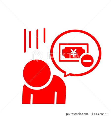 A person looking downcast due to financial worries, with a speech bubble pictogram (red). A person looking downcast due to financial worries, with a speech bubble pictogram (red). 143378358