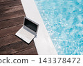 Remote Work by the Swimming Pool with Laptop Mockup. digital nomad and remote work concept Laptop with blank screen placed beside swimming pool 143378472