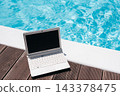 Remote Work by the Swimming Pool with Laptop Mockup. digital nomad and remote work concept Laptop with blank screen placed beside swimming pool 143378475