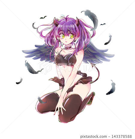 A devilish-looking woman with a bare midriff and wings. 143378588