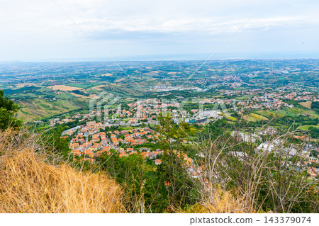 Republic of San Marino top view on tiled roofs Republic of San Marino top view on tiled roofs 143379074