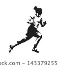 Female rugby player running with the ball, side view of woman athlete sprinting in dynamic action, high contrast vector illustration. 143379255