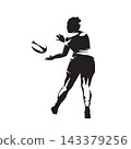 Female rugby player passing the ball, rear view of woman athlete in dynamic rugby action, high contrast vector silhouette illustration. 143379256