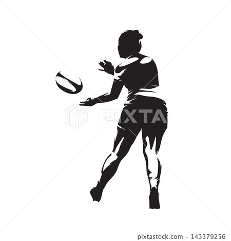Female rugby player passing the ball, rear view of woman athlete in dynamic rugby action, high contrast vector silhouette illustration. Female rugby player passing the ball, rear view of woman athlete in dynamic rugby action, high contrast vector silhouette illustration. 143379256