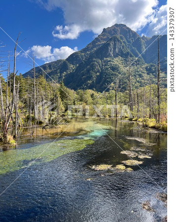上高地濕地和清澈見底的湖水,以及長野縣松本市的山景。 上高地濕地和清澈見底的湖水,以及長野縣松本市的山景。 143379307