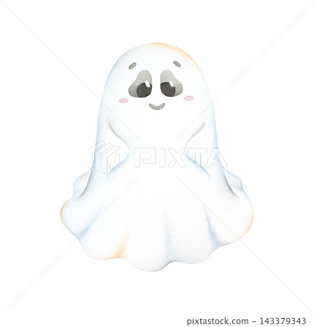 A cute, friendly ghost with big eyes and a smile. A child's Halloween costume made from a white sheet. A spooky yet festive spirit character. A cute, cartoon-style figure for invitations or designs. 143379343