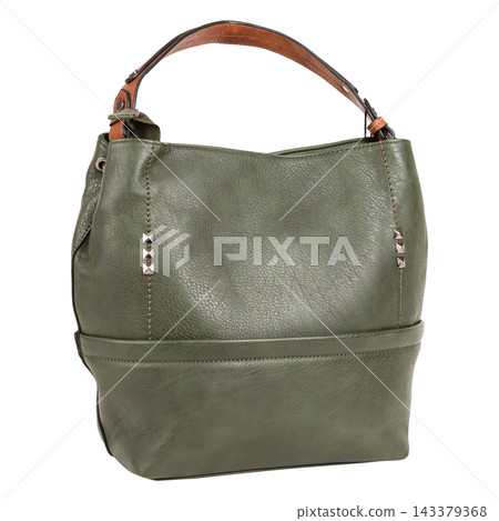 Stylish olive green leatherette hobo handbag with brown shoulder handle isolated on white background Stylish olive green leatherette hobo handbag with brown shoulder handle isolated on white background 143379368