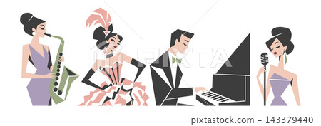 Retro jazz lounge vector clipart set. Mid-century modern style music characters collection with piano player, singing woman, saxophonist and cancan burlesque dancer. Retro jazz lounge vector clipart set. Mid-century modern style music characters collection with piano player, singing woman, saxophonist and cancan burlesque dancer. 143379440