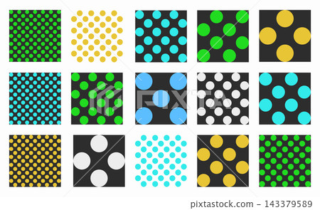 Set of seamless vibrant polka dot patterns with colorful round shapes in Y2K style. Modern geometric vector designs for wallpapers and backgrounds. Minimal aesthetic with artistic appeal. Set of seamless vibrant polka dot patterns with colorful round shapes in Y2K style. Modern geometric vector designs for wallpapers and backgrounds. Minimal aesthetic with artistic appeal. 143379589