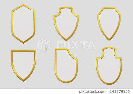 Set of realistic luxurious gold shields in unique shapes, ideal for branding, logos, and decorative designs. High quality vector illustration for modern creative projects Set of realistic luxurious gold shields in unique shapes, ideal for branding, logos, and decorative designs. High quality vector illustration for modern creative projects 143379595