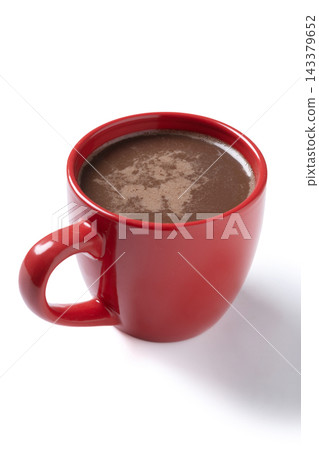 Hot chocolate in red ceramic mug Hot chocolate in red ceramic mug 143379652