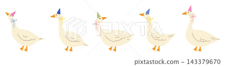 A whimsical element set featuring adorable white geese wearing party hats and ribbons for birthday celebrations. A whimsical element set featuring adorable white geese wearing party hats and ribbons for birthday celebrations. 143379670