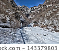 一張冬季雲龍谷雪景的照片，展現了令人敬畏的冰牆，以及遠處藍天下徒步旅行者的身影。 143379803