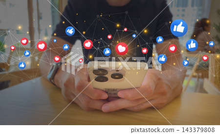 Social media connectivity engagement concept with smartphone and holographic icons for online interaction templates 143379808