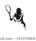 Female tennis player preparing to hit the ball, athletic woman with racket in dynamic action, high contrast vector silhouette illustration. 143379869