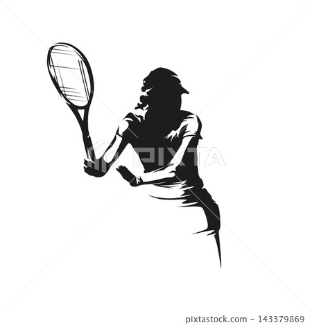 Female tennis player preparing to hit the ball, athletic woman with racket in dynamic action, high contrast vector silhouette illustration. Female tennis player preparing to hit the ball, athletic woman with racket in dynamic action, high contrast vector silhouette illustration. 143379869