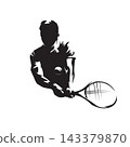 Male tennis player hitting a backhand shot, half body high contrast vector silhouette of tennis athlete in action. 143379870