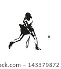 Female tennis player, full body side view of athletic woman playing tennis, high contrast vector silhouette illustration. 143379872