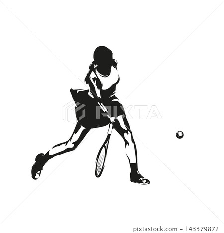 Female tennis player, full body side view of athletic woman playing tennis, high contrast vector silhouette illustration. Female tennis player, full body side view of athletic woman playing tennis, high contrast vector silhouette illustration. 143379872