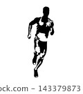 Male runner running forward, front view of athletic man in motion, dynamic high contrast vector silhouette illustration. 143379873