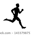 Run. Male runner silhouette in motion, athletic man running in dynamic full body pose, black vector illustration isolated on white. 143379875