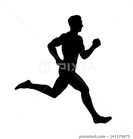 Run. Male runner silhouette in motion, athletic man running in dynamic full body pose, black vector illustration isolated on white. Run. Male runner silhouette in motion, athletic man running in dynamic full body pose, black vector illustration isolated on white. 143379875