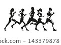 Run. Group of male and female runners in motion, dynamic high contrast vector silhouettes of running athletes, side view. 143379878