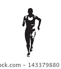 Running woman, front view of athletic woman in motion, dynamic high contrast vector silhouette illustration. 143379880