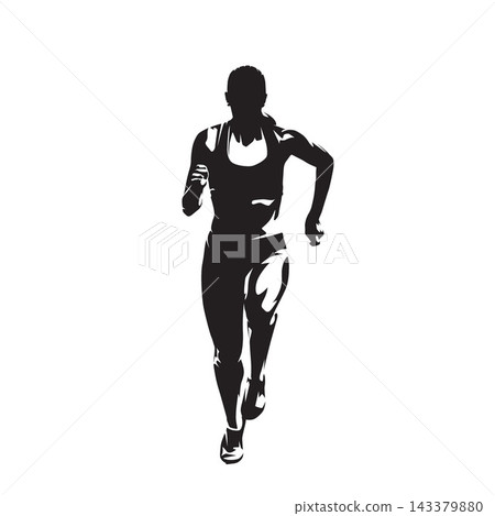 Running woman, front view of athletic woman in motion, dynamic high contrast vector silhouette illustration. Running woman, front view of athletic woman in motion, dynamic high contrast vector silhouette illustration. 143379880