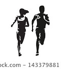 Male and female runners running together, front view of two athletes in motion, high contrast vector silhouette illustration. 143379881