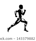 Run, male athlete running at speed in a long stride, side view high contrast sports vector illustration. 143379882
