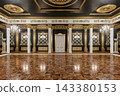 3D render. Luxurious Ornate Ballroom Interior With Gold Chandeliers, Marble Columns and Parquet Floor in a Grand Palace 143380153