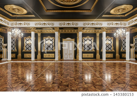 3D render. Luxurious Ornate Ballroom Interior With Gold Chandeliers, Marble Columns and Parquet Floor in a Grand Palace 3D render. Luxurious Ornate Ballroom Interior With Gold Chandeliers, Marble Columns and Parquet Floor in a Grand Palace 143380153