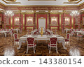 Opulent Red and Gold Luxury Dining Room in Grand Palace Banquet Hall With Chandeliers and Ornate Decor 143380154