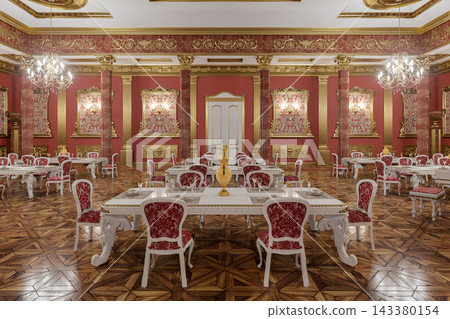 Opulent Red and Gold Luxury Dining Room in Grand Palace Banquet Hall With Chandeliers and Ornate Decor Opulent Red and Gold Luxury Dining Room in Grand Palace Banquet Hall With Chandeliers and Ornate Decor 143380154