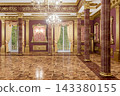 Grand Luxury Ballroom Interior With Ornate Gold Detailing, Marble Columns and Crystal Chandeliers in a Palace Hall 143380155