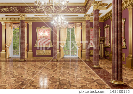 Grand Luxury Ballroom Interior With Ornate Gold Detailing, Marble Columns and Crystal Chandeliers in a Palace Hall Grand Luxury Ballroom Interior With Ornate Gold Detailing, Marble Columns and Crystal Chandeliers in a Palace Hall 143380155