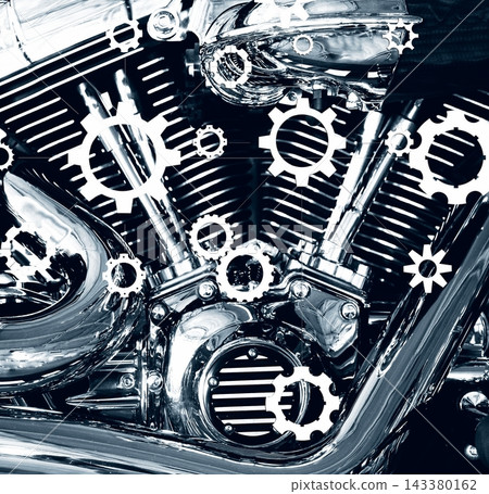 White Gear Wheels Blueprint Design on a Shiny Engine With Chrome Parts and Exhaust System 143380162