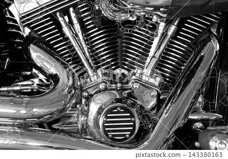 White Outlines of Different Cogwheels Design Connected with Dotted Lines on Foreground of Chrome Plating Motorcycle Engine White Outlines of Different Cogwheels Design Connected with Dotted Lines on Foreground of Chrome Plating Motorcycle Engine 143380163