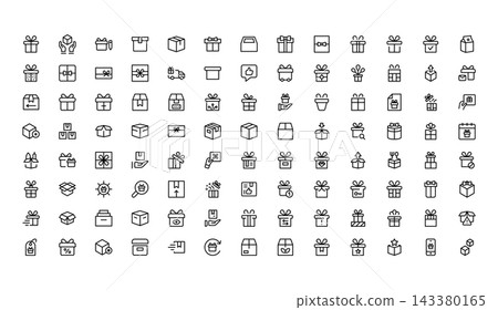 Packaging and Gift Box icon set. Editable line icons. Professional and modern outline icon collection vector illustration wrapping paper and branded container in a clean design. Packaging and Gift Box icon set. Editable line icons. Professional and modern outline icon collection vector illustration wrapping paper and branded container in a clean design. 143380165