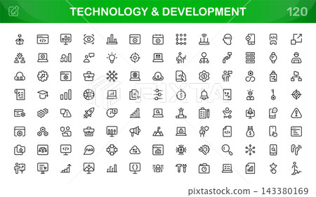 Technology and Development icon set. Editable line icons. Professional and modern outline icon collection vector illustration with digital networks in a clean design. Technology and Development icon set. Editable line icons. Professional and modern outline icon collection vector illustration with digital networks in a clean design. 143380169