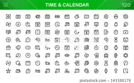 Time and calendar icon set. Editable line icons. Professional and modern outline icon pack vector illustration featuring custom date book pages in a simple design. 143380178