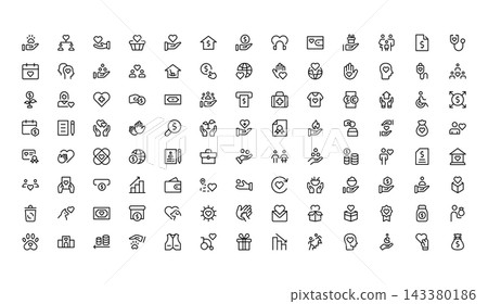 Charity and Fund icon set. Editable line icons. Professional and modern outline icon pack vector illustration contribution and philanthropy in a simple design. 143380186
