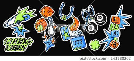 Lucky sticker set with colorful cartoon charms 143380262