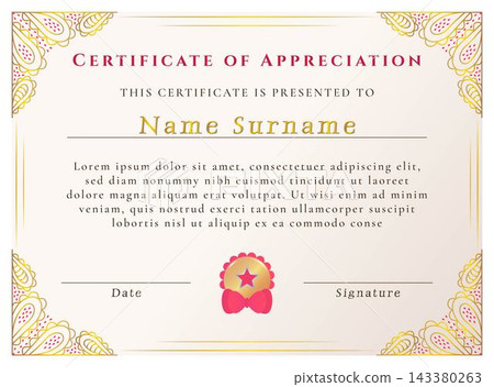 Elegant certificate of appreciation, vector template. Premium award diploma design with gold openwork decorative frame and medal. Ideal for business, education and special events Elegant certificate of appreciation, vector template. Premium award diploma design with gold openwork decorative frame and medal. Ideal for business, education and special events 143380263