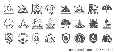 Set of round icons with water-resistant pictograms Set of round icons with water-resistant pictograms 143380398